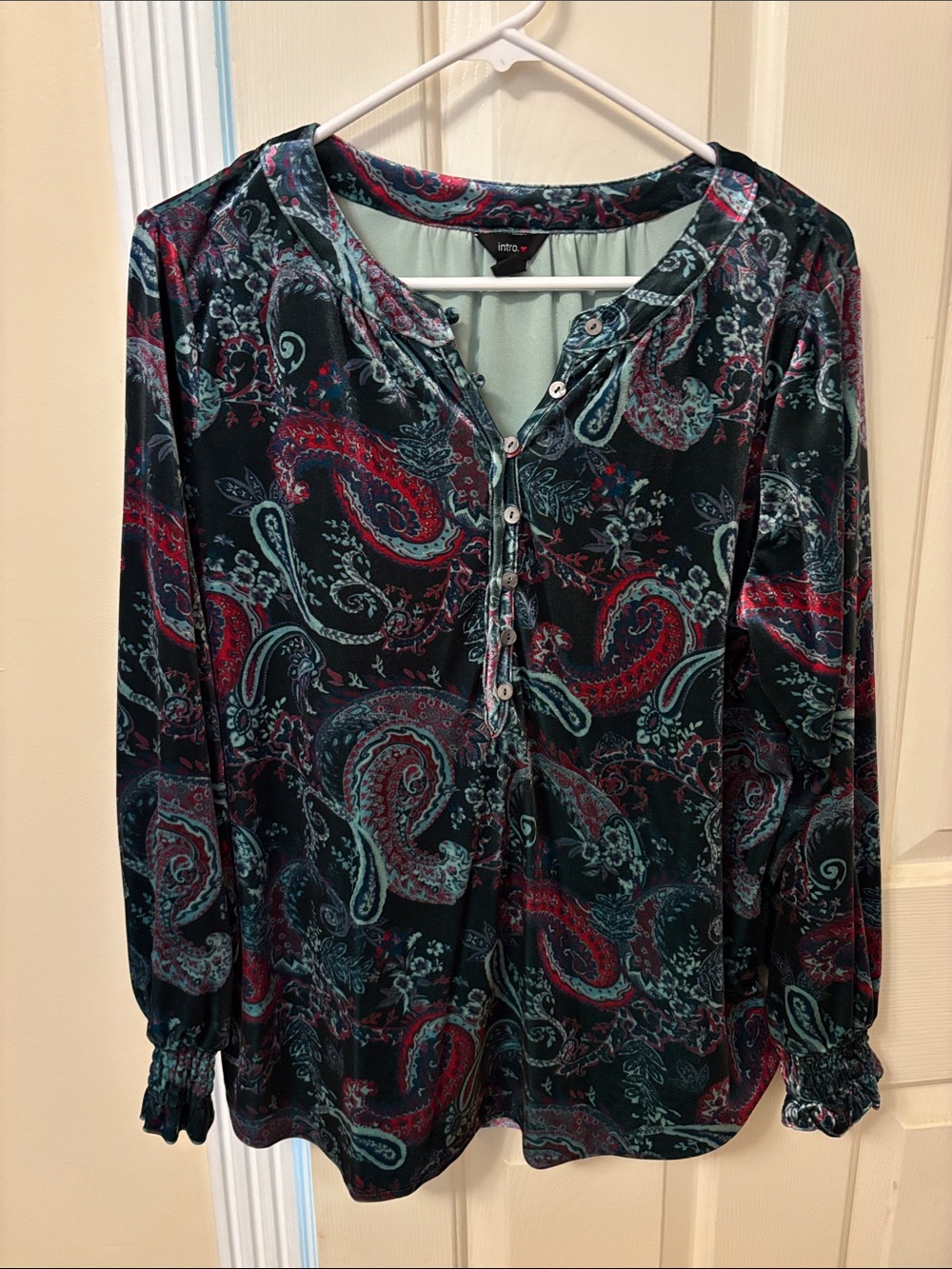 Intro Teal and Burgundy Paisley Velvet Henley Blouse